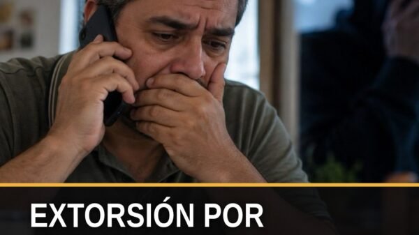 Ilustración de un teléfono móvil recibiendo una llamada falsa con texto '¡Tu familiar está detenido!' — extorsión llamada