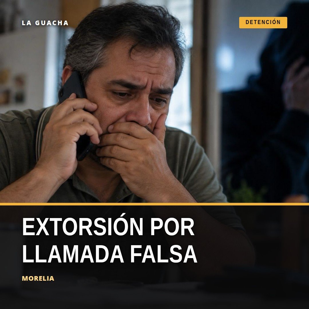 Ilustración de un teléfono móvil recibiendo una llamada falsa con texto '¡Tu familiar está detenido!' — extorsión llamada