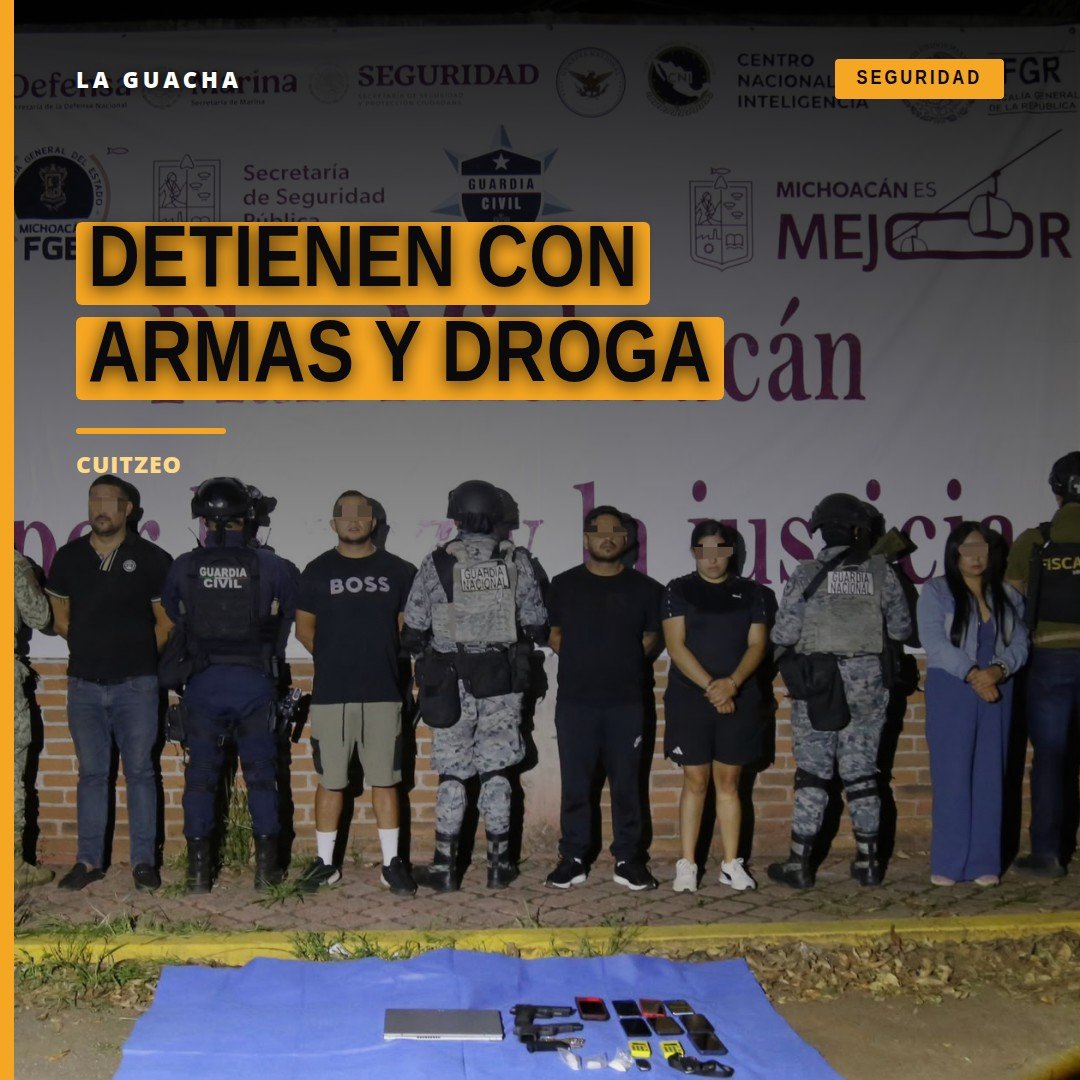 Detienen con armas y droga: escena policial en San Juan Benito Juárez, Cuitzeo, con dos vehículos Nissan Versa y elementos