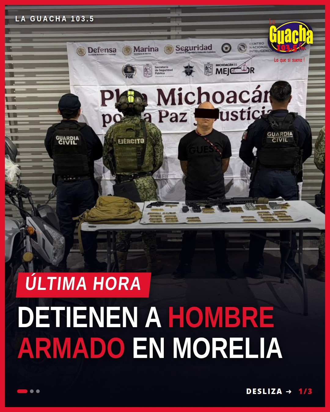 Detención de hombre armado en Morelia: agentes con fusil, revólver y motocicleta Italika en colonia Gertrudis Sánchez