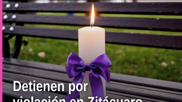 Ilustración simbólica de justicia con balanza y escudo de Michoacán, junto a texto que menciona violación niña zitácuaro
