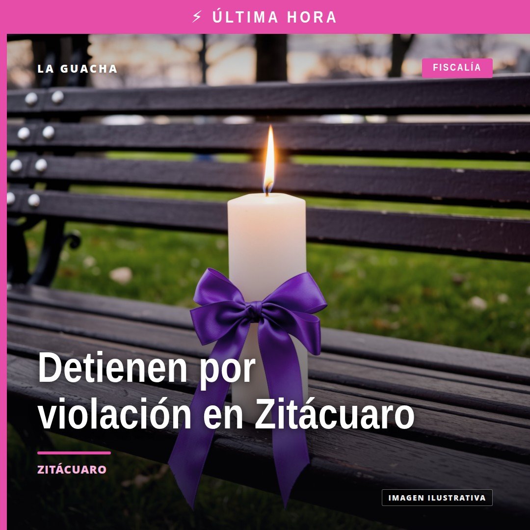Ilustración simbólica de justicia con balanza y escudo de Michoacán, junto a texto que menciona violación niña zitácuaro