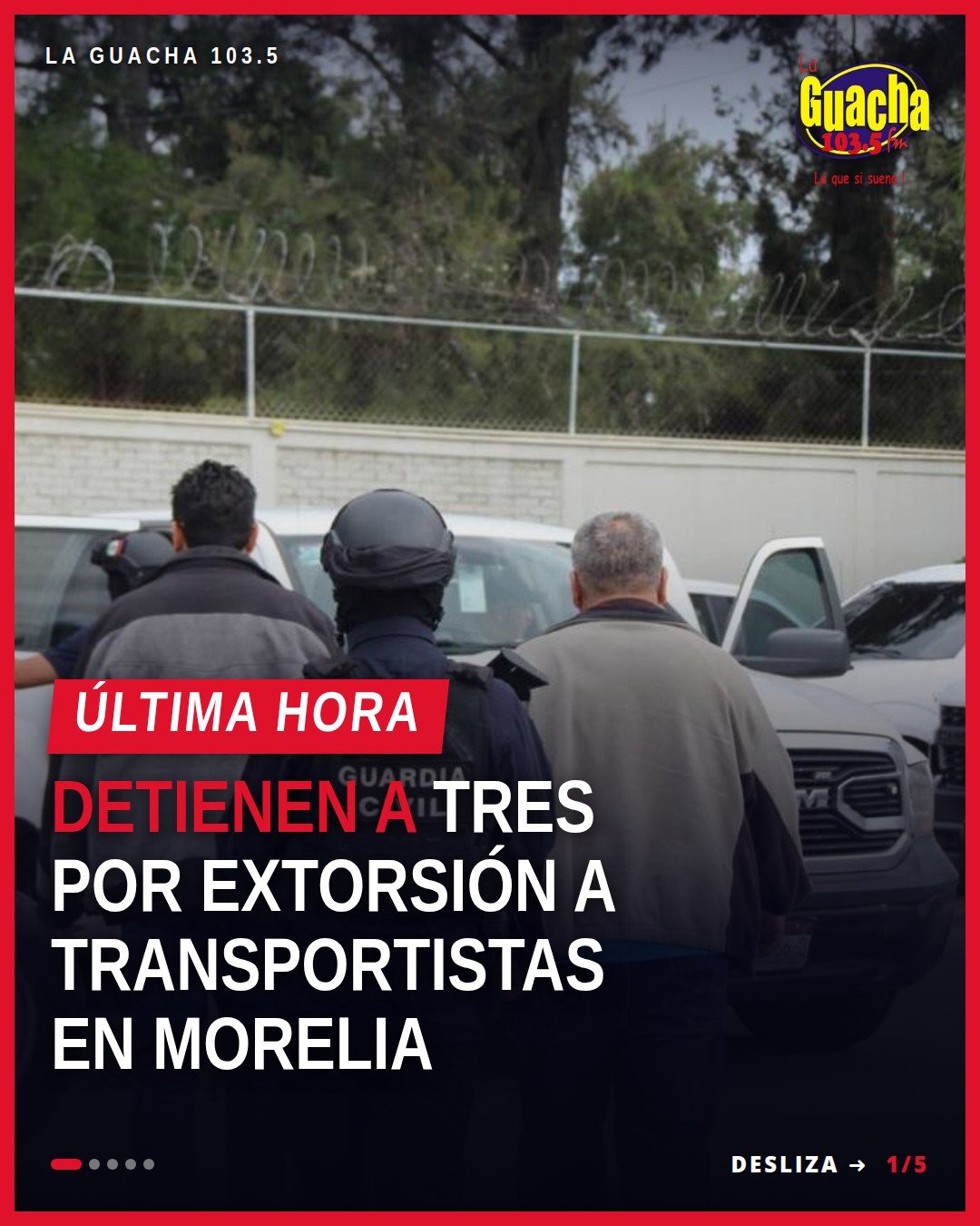Tres hombres detenidos por extorsión agravada transportistas en Morelia, frente a vehículo policial