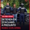 robo con arma zitácuaro: imagen ilustrativa de patrulla policial frente a tienda de conveniencia en Zitácuaro, Michoacán