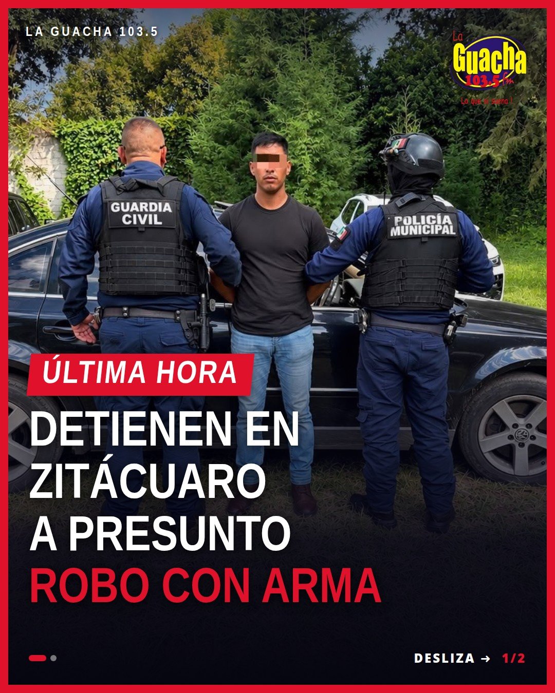 robo con arma zitácuaro: imagen ilustrativa de patrulla policial frente a tienda de conveniencia en Zitácuaro, Michoacán
