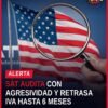 Ilustración simbólica de banderas de México y Estados Unidos junto a iconos de auditoría fiscal y petróleo, representando la