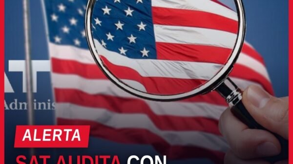 Ilustración simbólica de banderas de México y Estados Unidos junto a iconos de auditoría fiscal y petróleo, representando la