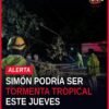 Mapa de Michoacán con destacado el municipio de Lázaro Cárdenas y señales de alerta meteorológica por evacuaciones en lázaro