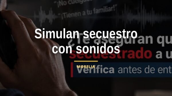 Ilustración de un teléfono con ondas de sonido y símbolos de advertencia, representando extorsionadores simulan secuestro