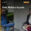 Gaby Molina en acto público en Michoacán, con bandera de Morena y fondo que sugiere Uruapan o Morelia, frase clave gaby