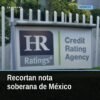 Gráfico descendente con flecha roja señalando 'HR BBB' y etiquetas 'déficit fiscal mexicano', 'Pemex', '61.2% PIB 2030'