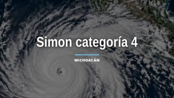 Mapa del Pacífico mexicano con huracán Simon categoría 4 acercándose a Colima y Michoacán, y tormenta Rachel frente a Baja