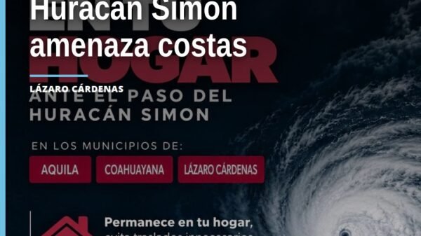 Mapa de Michoacán con los municipios de Aquila, Coahuayana y Lázaro Cárdenas resaltados bajo alerta por huracán simon
