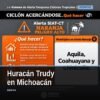 Mapa de Michoacán con zonas de alerta en Costa y Sierra, destacando Aquila, Coahuayana y Chinicuila ante el huracán trudy