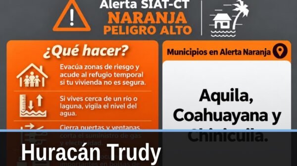 Mapa de Michoacán con zonas de alerta en Costa y Sierra, destacando Aquila, Coahuayana y Chinicuila ante el huracán trudy