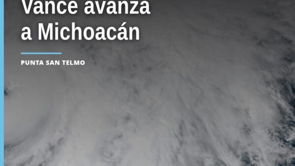 Mapa con trayectoria del huracán Vance hacia la costa de Michoacán, mostrando su posición actual y proyección hasta el 28 de
