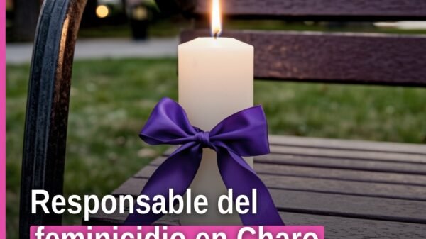 Ilustración simbólica de justicia y género con fondo que evoca Charo, Michoacán, relacionada con el feminicidio en charo