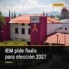 Ilustración conceptual de documentos electorales y monedas con etiqueta 'proveedores fiado elección 2027' sobre fondo azul