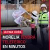 Vista aérea del primer tramo del teleférico de Morelia, con cabinas en recorrido entre el Estadio Morelos y el obelisco a
