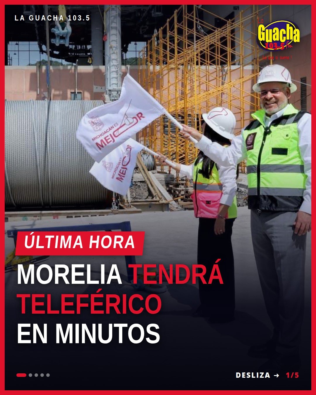 Vista aérea del primer tramo del teleférico de Morelia, con cabinas en recorrido entre el Estadio Morelos y el obelisco a