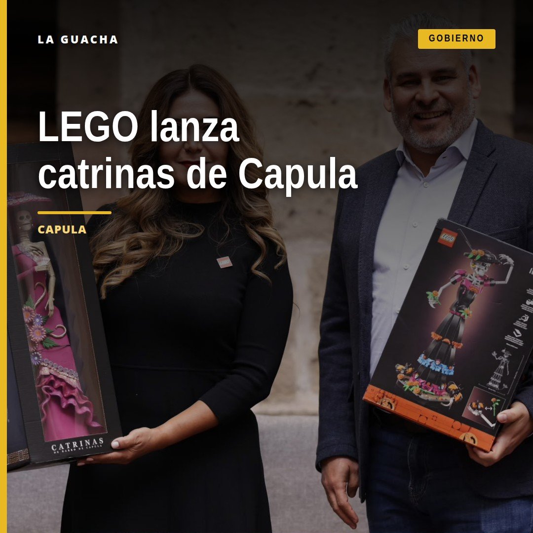 Set de LEGO con figuras inspiradas en las catrinas de barro de Capula, sobre fondo con elementos michoacanos