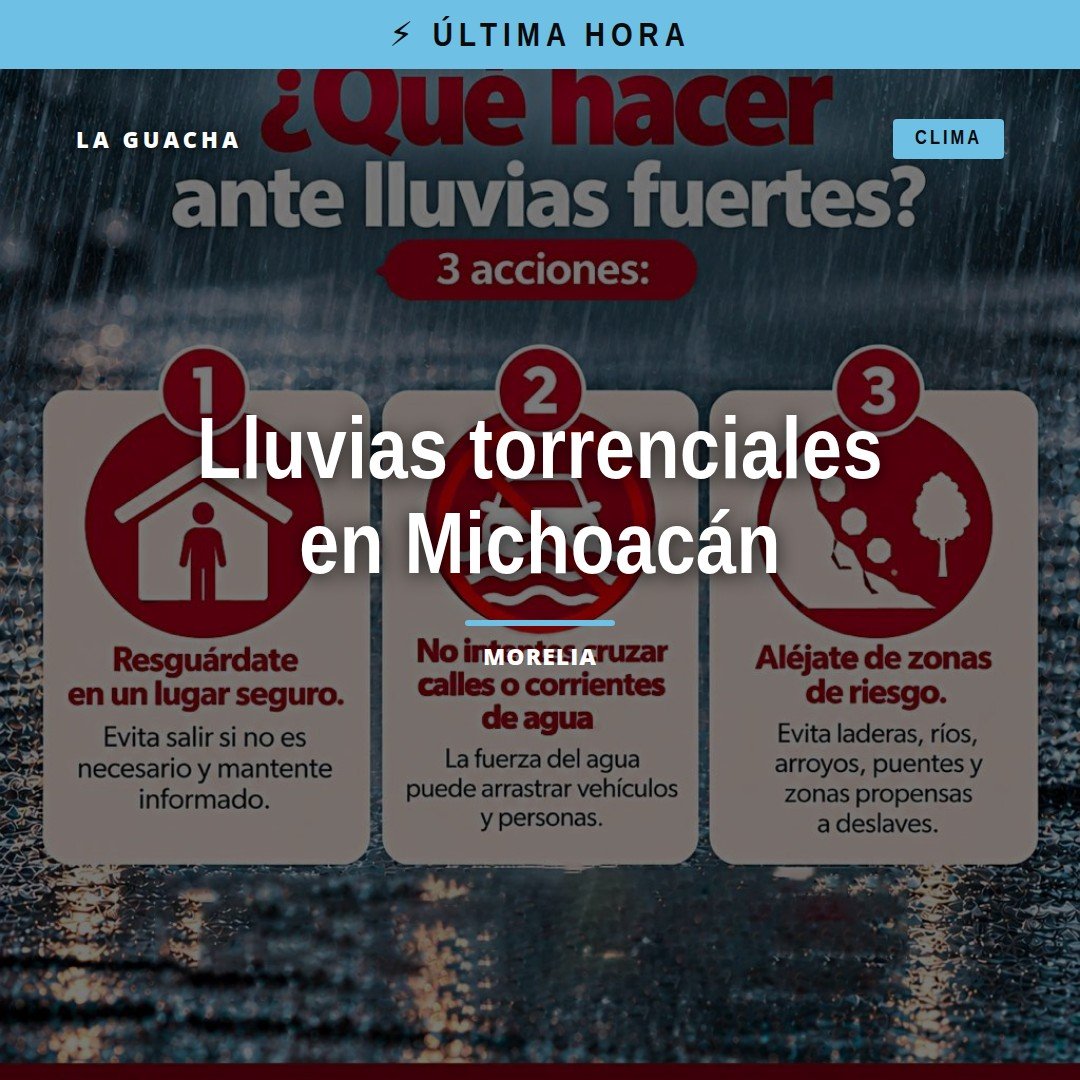 Mapa meteorológico con zona roja sobre Michoacán y símbolo de huracán, acompañado de texto 'lluvias torrenciales michoacán'