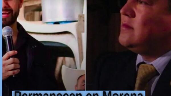 Líderes políticos Manuel López Meléndez y Martín García Avilés anunciando que permanecen en morena en un acto en Morelia
