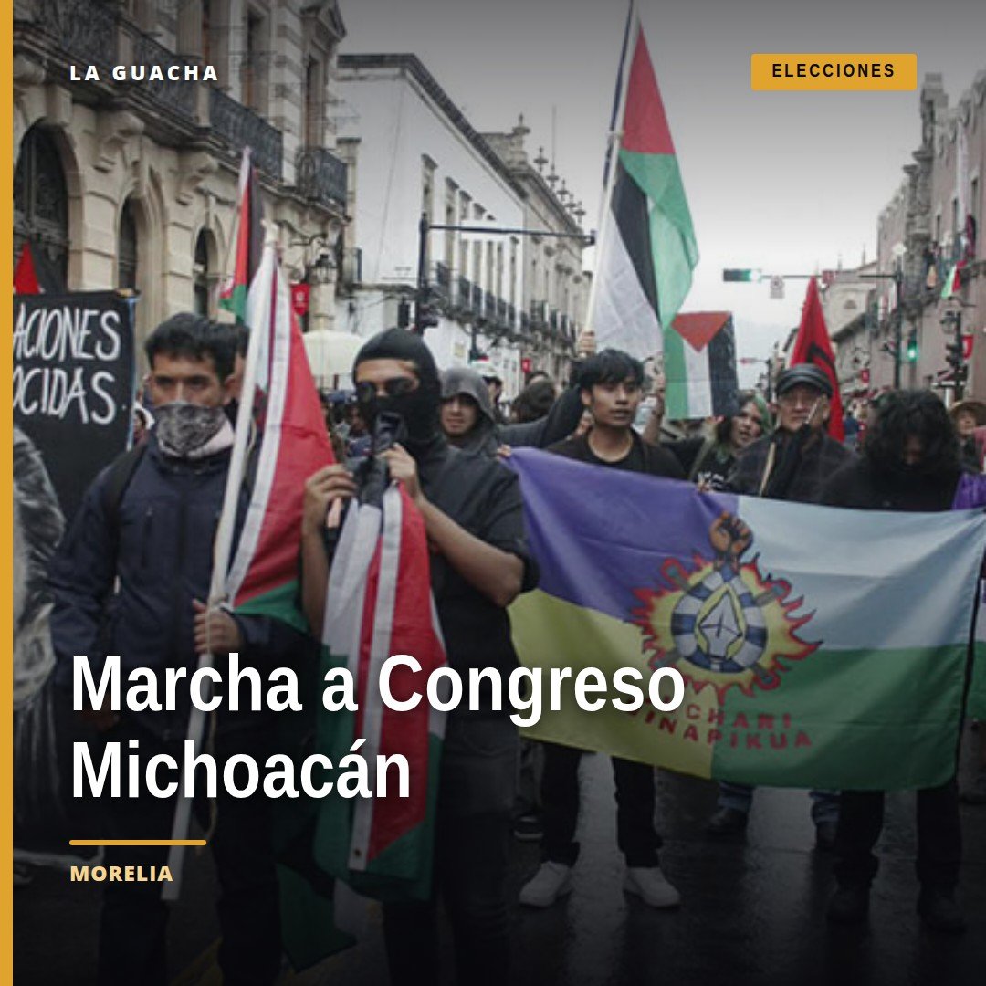 Manifestantes con banderas de Palestina y estandartes indígenas frente al Congreso de Michoacán en la avenida Madero