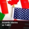 Ilustración simbólica de tres banderas (México, EUA, Canadá) con calendario marcando 2027 y una balanza comercial