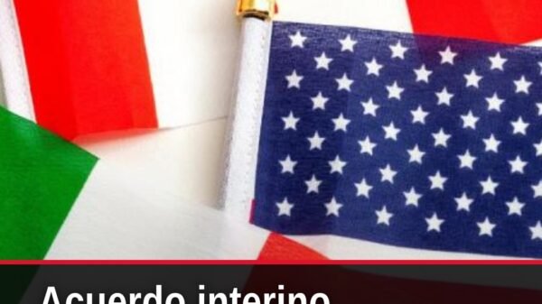 Ilustración simbólica de tres banderas (México, EUA, Canadá) con calendario marcando 2027 y una balanza comercial
