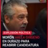 Raúl Morón Orozco hablando ante micrófono, con fondo de bandera de Michoacán y logo de La Guacha 103.5, relacionado con