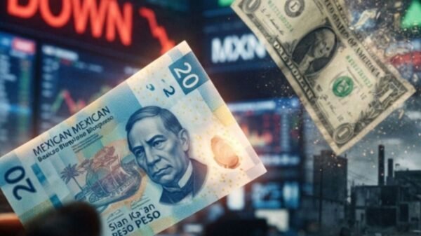 Gráfica mostrando la caída del peso mexicano frente al dólar el 28 de octubre de 2026, con cotización de 18.6525 pesos por