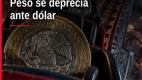 Gráfica de tendencia bajista del tipo de cambio peso con fondo en tonos azules y rojos, mostrando 18.37 unidades
