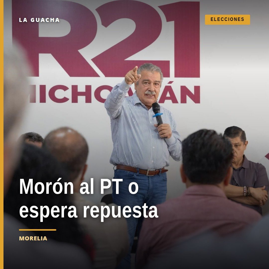 Raúl Morón Orozco hablando ante micrófono en evento político en Morelia, con logo del Partido del Trabajo visible en fondo