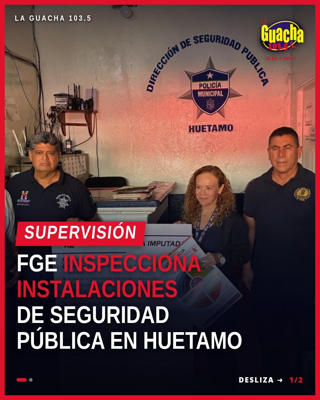 Autoridades de la Fiscalía General del Estado de Michoacán y de Seguridad Pública Municipal de Huetamo durante la visita de