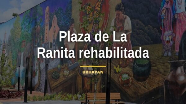 centro cultural plaza de la ranita con mural monumental, tienda de artesanías y familias en convivencia en Uruapan, Michoacán