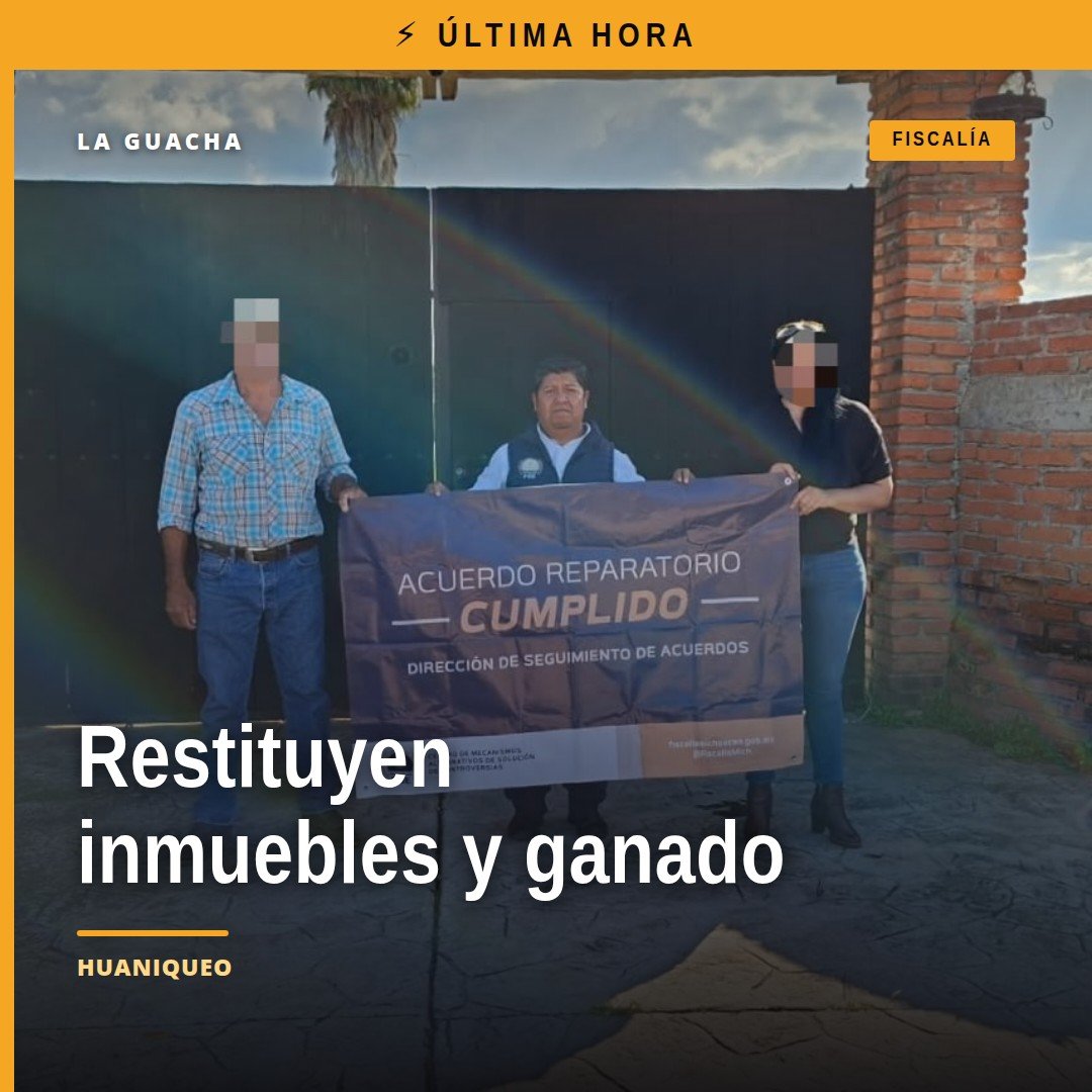 Ilustración simbólica de documentos de propiedad y llaves entregadas a una mujer en Huaniqueo, representando la restitución
