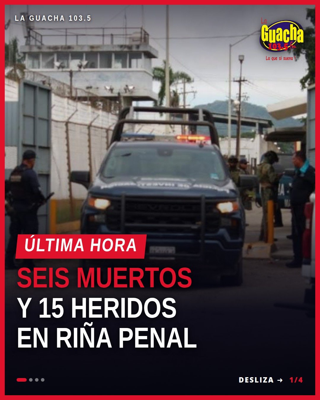 Vista exterior del centro penitenciario del Castillo en Mazatlán, con presencia de vehículos oficiales y elementos de