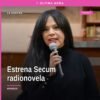 Cartel oficial de la radionovela 'Río de cenizas', con logo de Secum y elementos sonoros y fluviales, destacando la frase