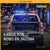 Ilustración simbólica de justicia y robo calificado en Jacona: balanza, puerta de vivienda y objeto punzocortante, con logo