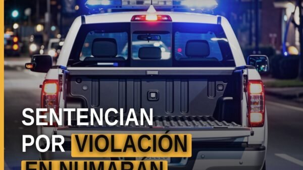 Ilustración simbólica de balanza de justicia y mapa de Michoacán con señalización en Numarán, relacionada con violación en