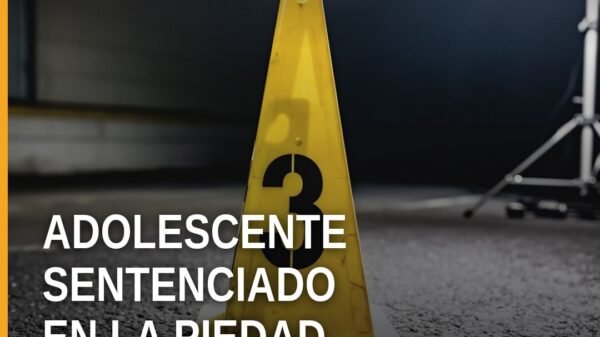 Ilustración simbólica de una pistola y una balanza sobre fondo azul, representando el caso de adolescente portación arma en