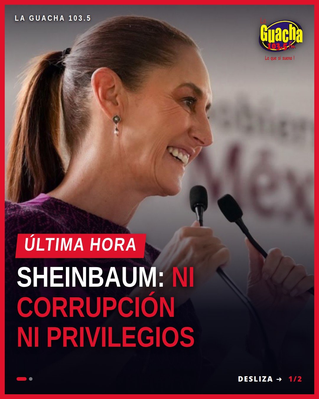 Claudia Sheinbaum hablando ante micrófono en Morelia, Michoacán, durante acto de Vivienda para el Bienestar, con bandera