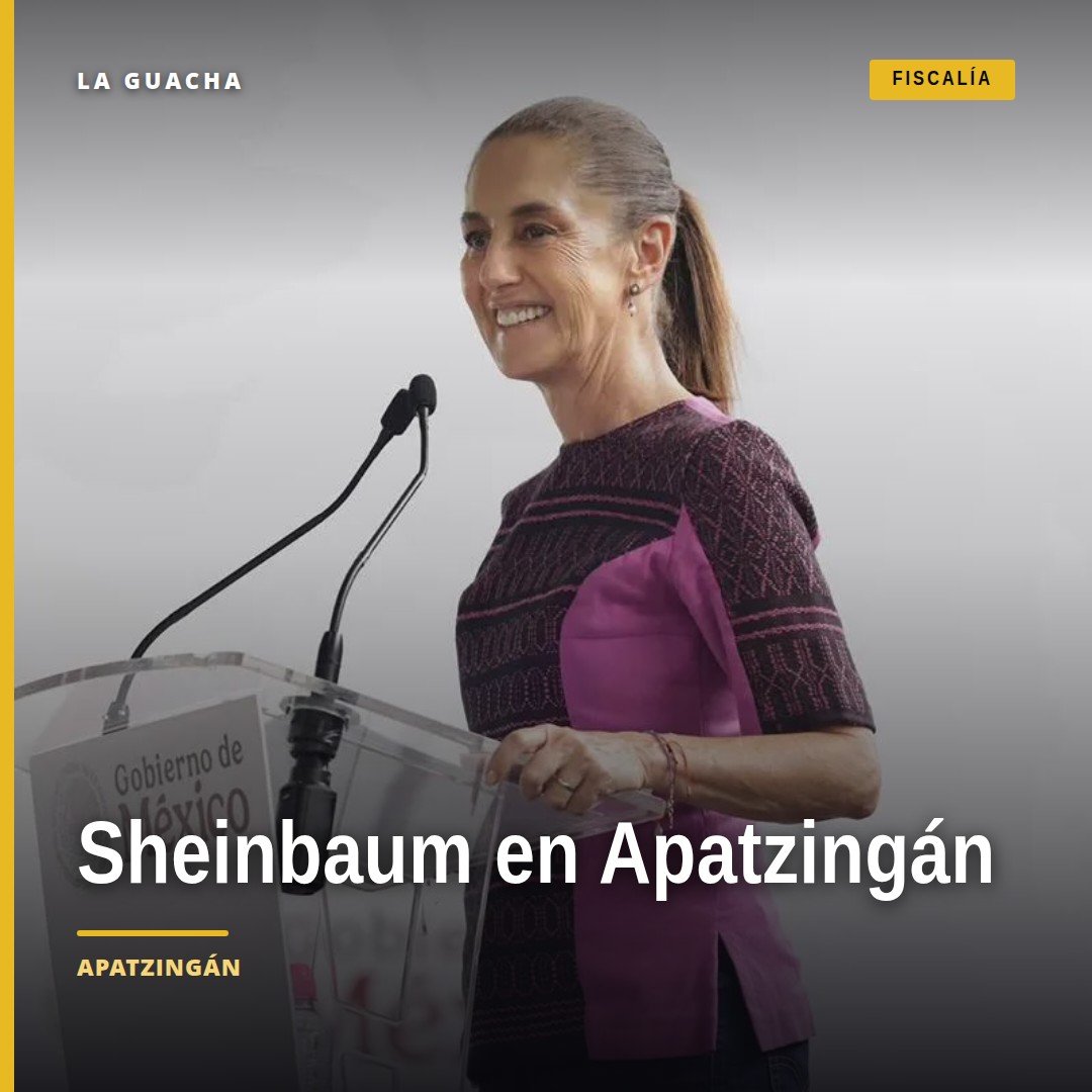 Claudia Sheinbaum hablando ante una multitud en Apatzingán, Michoacán, con banderas mexicanas al fondo, destacando la