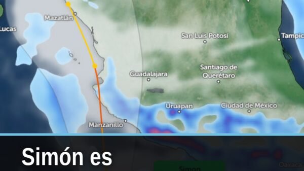 Mapa del Pacífico mexicano mostrando la tormenta tropical simón frente a las costas de Michoacán y Colima