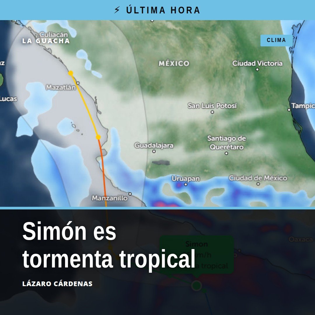 Mapa del Pacífico mexicano mostrando la tormenta tropical simón frente a las costas de Michoacán y Colima
