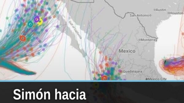 Mapa del Pacífico mexicano con la tormenta tropical simón cerca de la costa de Michoacán y Colima