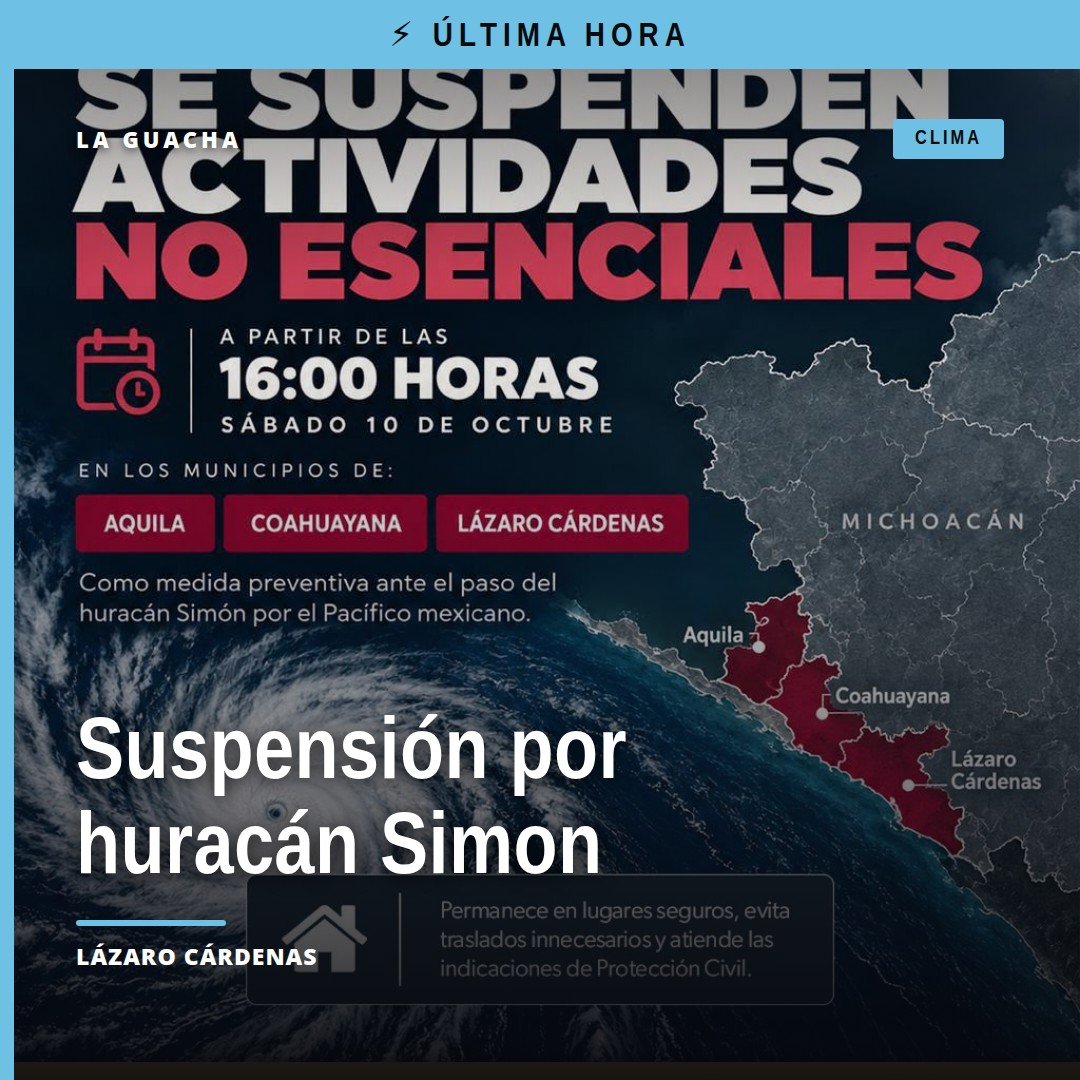 Mapa de Michoacán con los municipios de Aquila, Coahuayana y Lázaro Cárdenas resaltados, junto a icono de huracán y