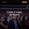 Carlos Torres Piña hablando ante micrófono en evento conmemorativo de 15 años de Morena en Morelia, Michoacán, enfatizando