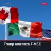 Ilustración simbólica de tres banderas (México, Canadá y EU) con una balanza desequilibrada y documentos de comercio